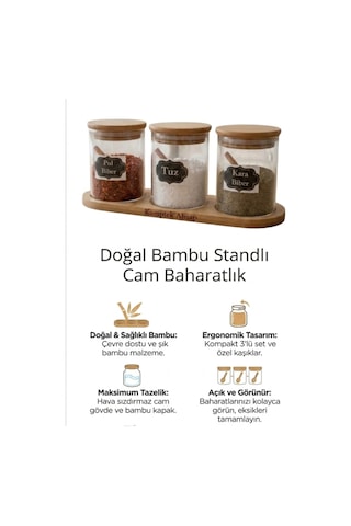 3 Lü Borosilikat Cam Baharatlık Seti - Doğal Bambu Ahşap Kapaklı Ve Kaşıklı Stand Mutfak Düzenleyici Diğer