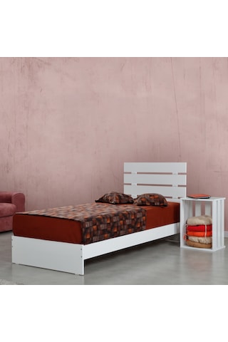Huga Tek Kişilik Beyaz Ahşap Karyola Komodin Takım 90X200 Cm Beyaz