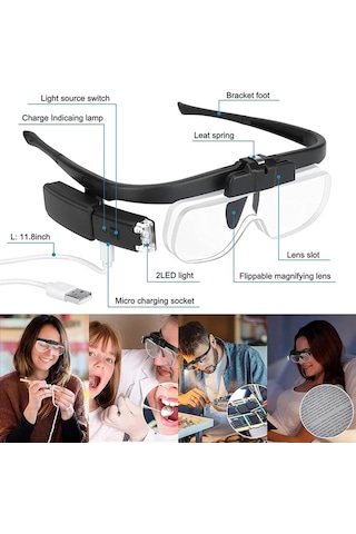 3 Lens 2 Led Işıklı Gözlük Tipi Büyüteç Usb Şarjlı Büyüteç 1.5x 4.5x Profesyonel Okuma Hobi İçin
