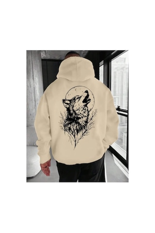 Herkesemoda Arka Kurt Baskı Detaylı İçi Polarlı Kapüşonlu Sweatshirt Bej