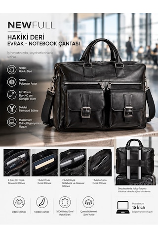 Newfull Hakiki Deri Erkek Siyah Evrak Notebook (Laptop) Çantası Siyah