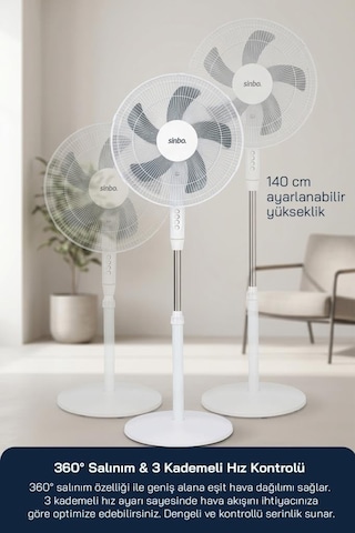Sinbo Sf-7705 Ayaklı Vantilatör 16 İnç 45w Sessiz Fan 3 Kademeli Yükseklik Ayarlı Güçlü