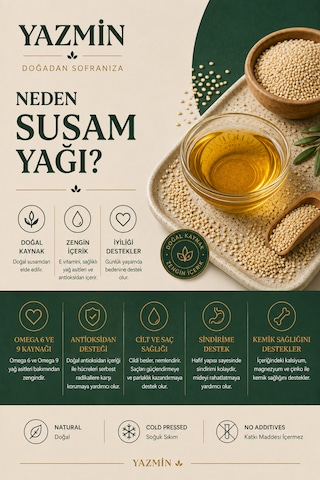 Yazmin Susam Yağı 250 Ml Cam Şişe Soğuk Sıkım %100 Doğal Saf Susam Yağı