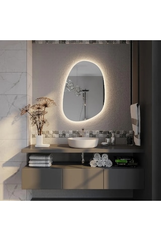 70x101 Cm Asimetrik Oval Led Banyo Aynası Dokunmatik Dim Edilebilir, 3000k Günışığı Sarı