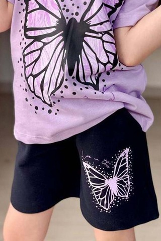 Riccotarz Kız Çocuk Kara Kalem Kelebek Baskılı Penye Lila T-shirt Şortlu Takım Lila