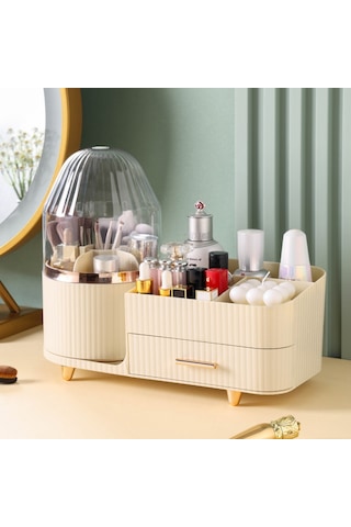 Makyaj Organizer Kozmetik Aksesuar Fırça Ve Takı Düzenleyici Çok Amaçlı Makyaj Kutusu Bej