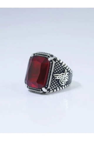 Gümüş Pençe Model Tuğra Desenli Kristal Kesim Kırmızı Taşlı Erkek Yüzük