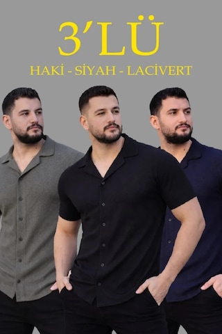 Hazego Erkek Waffle Dokuma Açık Yakalı Düğmeli Regular Kalıp 3 Lü Gömlek Seti - Siyah, Haki, Lacivert Çok Renkli