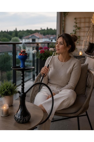Premium Siyah Nargile Takımı 75 Cm Cam Şişeli Lüleli Modern Tasarım Balkon & Kafe Ko