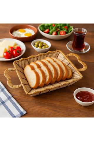Didörtgen Hasır Ekmek Sepeti-26 Cm X 20 Cm X 7 Cm Beyaz - Kahverengi