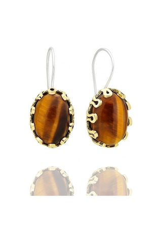 Lale Serisi El İşi Kahverengi Kaplangözü Taşlı Gümüş Kadın Küpe Gümüş