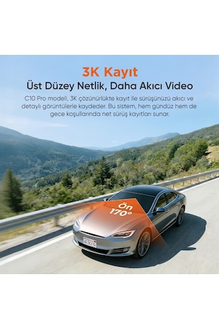 Juo C10 Pro 3k Uhd Hdr Wifi Ekranlı Araç Kamerası 170 Derece Geniş Açı Gece Görüşlü G-sensörlü Araç İçi Kamera