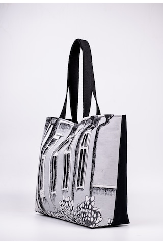 Fabric Craft Bag Omuz Çanta Keten Kumaş Siyah Beyaz Mimari Desen Siyah - Gri