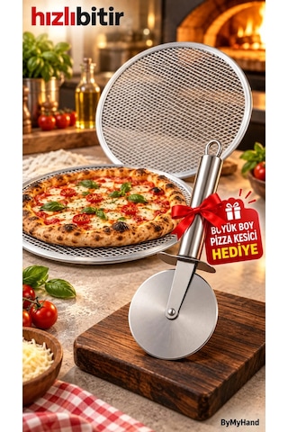 Bymyhand Metal Sanayi Tipi Profesyonel Pizza Tepsisi 2'li Set 32 36 Cm Pizza Kesici Hediyeli Büyük B Çok Renkli