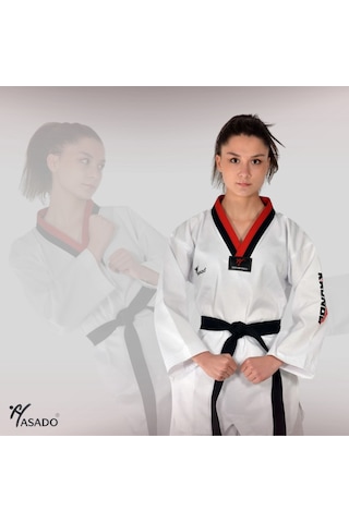 Haşado Şeritli Pum Yaka Fitilli Taekwondo Elbisesi Kırmızı-siyah Yaka Beyaz