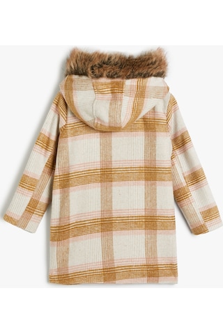 Koton Oversize Kaban Kapşonlu Suni Kürk Detaylı Çıtçıt Kapaklı Cepli Ekru Ekose 4wkg00002aw 4WKG00002AW0C1 Ekru