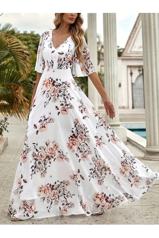 Kadın Kısa Kollu V Yakalı Çiçek Desenli Süprem Elbise Beyaz