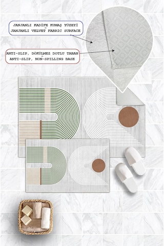 Dijital Baskı Modern Kaymaz Taban 2li Set Banyo Paspası Klozet Takımı 50x60cm-60x100cm Yeşil