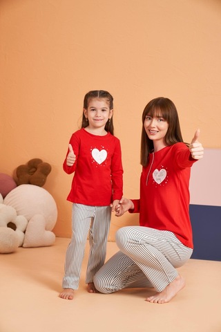 Pjs Kadın Anne-kız %100 Pamuklu Kalpli Desenli Çizgili Uzun Kollu Pijama Takım Kırmızı