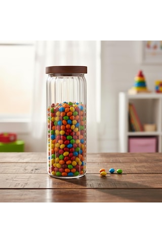 Akasya Kapaklı Uzun Çizgili Cam Kavanoz 1250 Ml Hava Geçirmez, Modern Fitilli Tasarım Gıda Açık Şeffaf