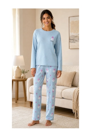 Pemilo Kadın 8811-6 Berlin Uzun Kol Sıfır Yaka Pijama Takım Mavi