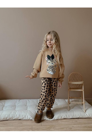 Kız Çocuk Kedi Desenli Leopar Modelli 3 İplik Takım Bej