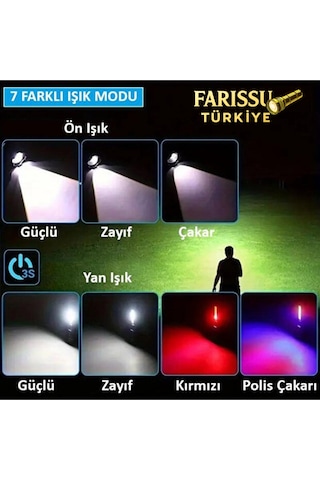 2500 Lümen Şarjlı Taktik Led El Feneri 7 Modlu, Zoom Özellikli, Cob Yan Işıklı + Özel Kılıf Hediyeli Siyah