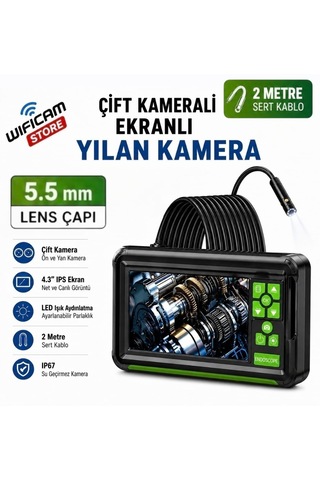 2 Metre Çift Lens Ekranlı Yılan Kamera 5.5mm Lens Sert Kablo