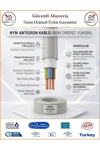 Öznur 3x1,5 Nym Antigron Elektrik Kablosu - %100 Bakır - 4 Metre