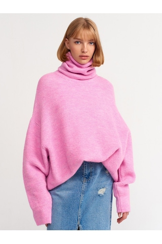 Dilvin Balıkçı Yaka Geniş Kazak Pembe