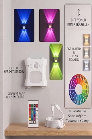 Duvar Dekorasyon Lambası Aplik Hareket Sensörlü 16 Renk Seçenekli Rgb Şarjlı Atmosfer Aydınlatma Beyaz
