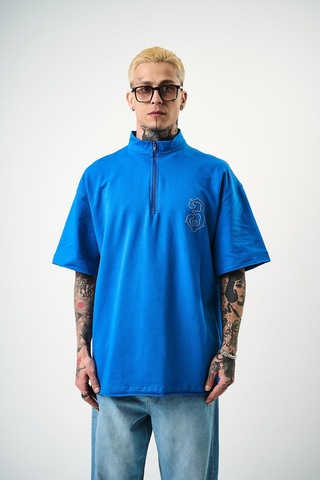 Respire Erkek 3 Nakışlı Yarım Fermuarlı Oversize T-shirt Mavi