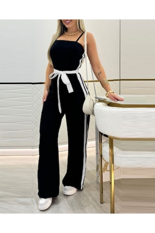 Efnaz Style Kadın Ip Askılı Straplez Belden Kuşaklı Viskon Iki Iplik Tulum Siyah