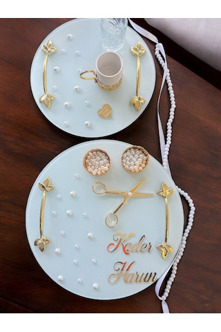 Beloved Gold Beyaz İncili Söz Tepsisi Nişan Tepsisi Ve Damat Kahve Fincan Tepsi Seti Beyaz Beyaz