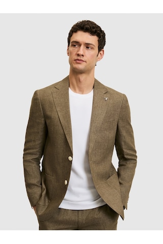 Cacharel Haki Slim Fit %100 Keten Mikro Desen Mono Yaka Ceket Yesıl