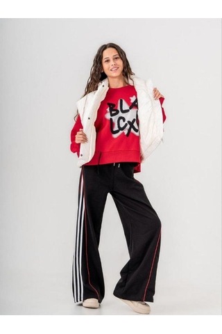 Kız Çocuk Black Yazılı Sweatshirt-14772 Kırmızı
