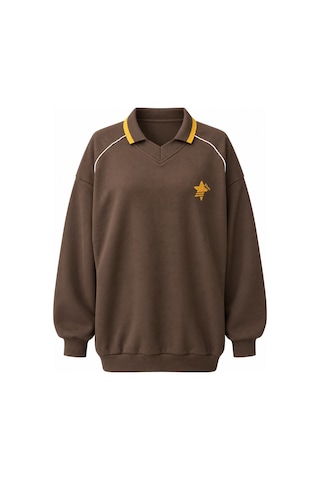 Mixray 2248 Kadın Kolej Stil Polo Yaka Oversize Sweatshirt Kahve