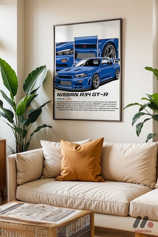 Nissan Skyline R34 Gt-r Mavi Jdm Poster, Siyah Çerçeveli Duvar Tablosu - Oto Severlere Özel Hediye