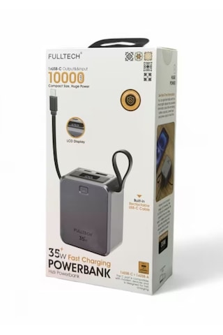 Mini Pd 35watt 10.000mah Lcd Göstergeli Usb-c , Usb Giriş Dahili Usb-c Kablolu Powerbank siyah