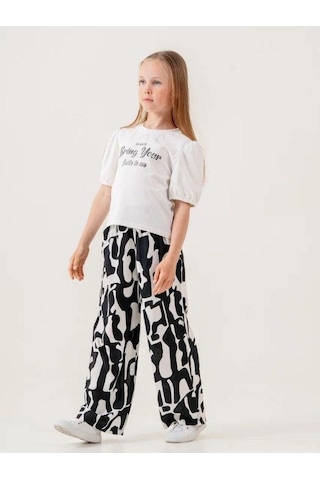 Kız Çocuk Pamuklu Desenli Pantolonlu Takım-15882 Beyaz
