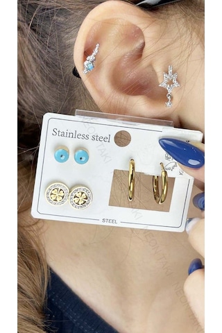 Çoklu Küpe, Göz, Yonca, Halka, Paslanmaz Çelik Küpe 94, Altın Renk Altın