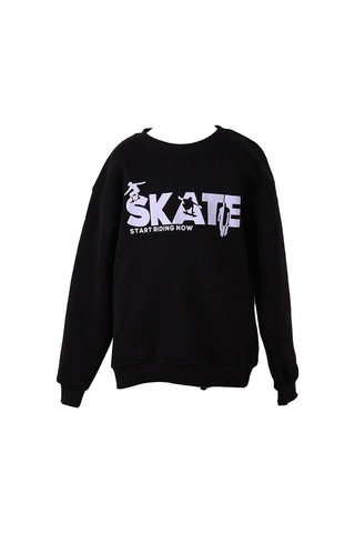 Trender Siyah Erkek Çocuk Sweatshirt 3 İp Şardonlu Skate Baskı SIYAH