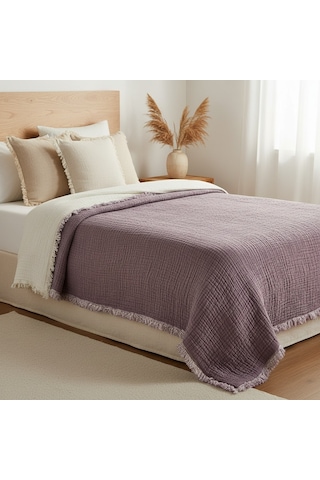 Mor 4 Katlı Çift Taraflı Çift Kişilik Müslin Battaniye %100 Pamuk 230x240 Cm Mor