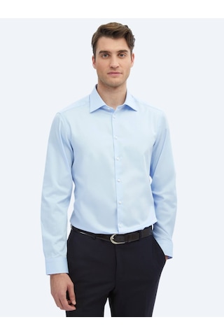 Kip Koyu Mavi Düz Slim Fit Dokuma Klasik %100 Pamuk Gömlek