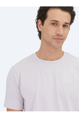 Kip Lila Düz Bisiklet Yaka Pamuk Karışımlı T-shirt Lila