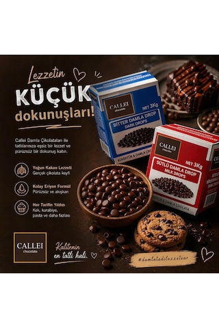 Callei Chocolate Bitter Damla Çikolata 3 Kg Pasta, Kurabiye Ve Profesyonel Tatlı Tarifleri İçin Yoğun Bitter Çikolata