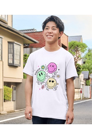 Gülücüklü Tişört Happy Face T-shirt Smile Tişört Beyaz Çocuk Ve Yetişkin T-shirt Beyaz