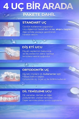 Exenar - Beyaz - Şarjlı Ağız Duşu Ve Diş Protez Bakımı 3 Modlu Diş Arası Temizleyici 300ml 4 Başlıklı Taşınabilir