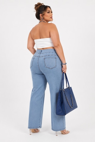 Zanessi Fashıon Denim Taş İşlemeli Lastikli Dekolteli Geniş Paça Kadın Pantolon Mavi