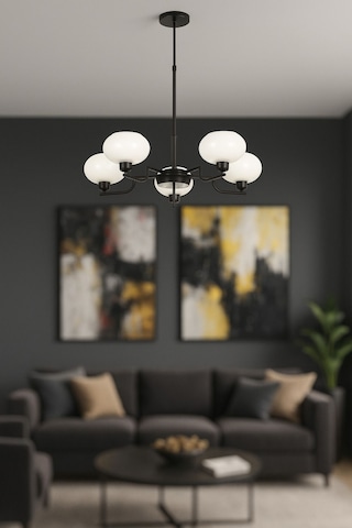 Vanna 5 Li Beyaz Camlı Salon Oturma Odası Modern Sarkıt Avize - Siyah Siyah